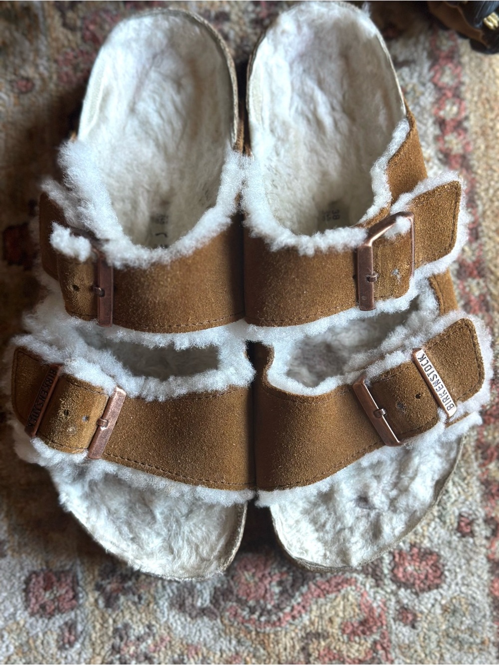 Birkenstock Suede Shearling Arizona Sandals in Chestnut and White - Picture 3 of 8